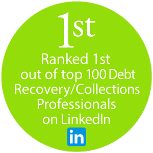 green circle with text Ranked 1st out of top 100 Debt Recover Collections Professionals on Linkedin