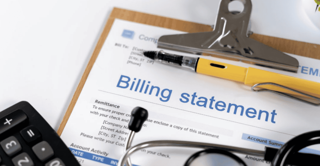 A close-up of a billing statement on a clipboard, with a pen, stethoscope, and calculator placed nearby, suggesting a medical or healthcare billing context.