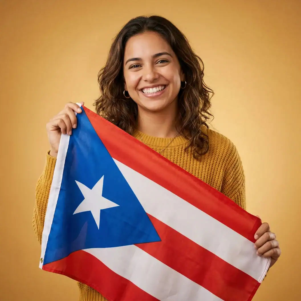 Mujer sonriente sosteniendo la bandera de Puerto Rico — División Bilingüe de Kinum