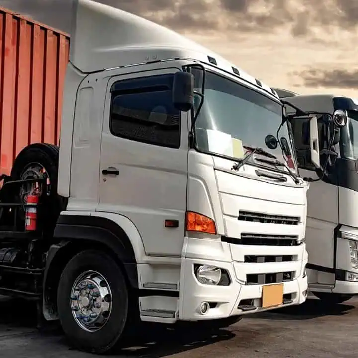 Two white cargo trucks are parked side by side near a red shipping container under a cloudy sky. The trucks are clean and modern, with shiny chrome wheels visible.